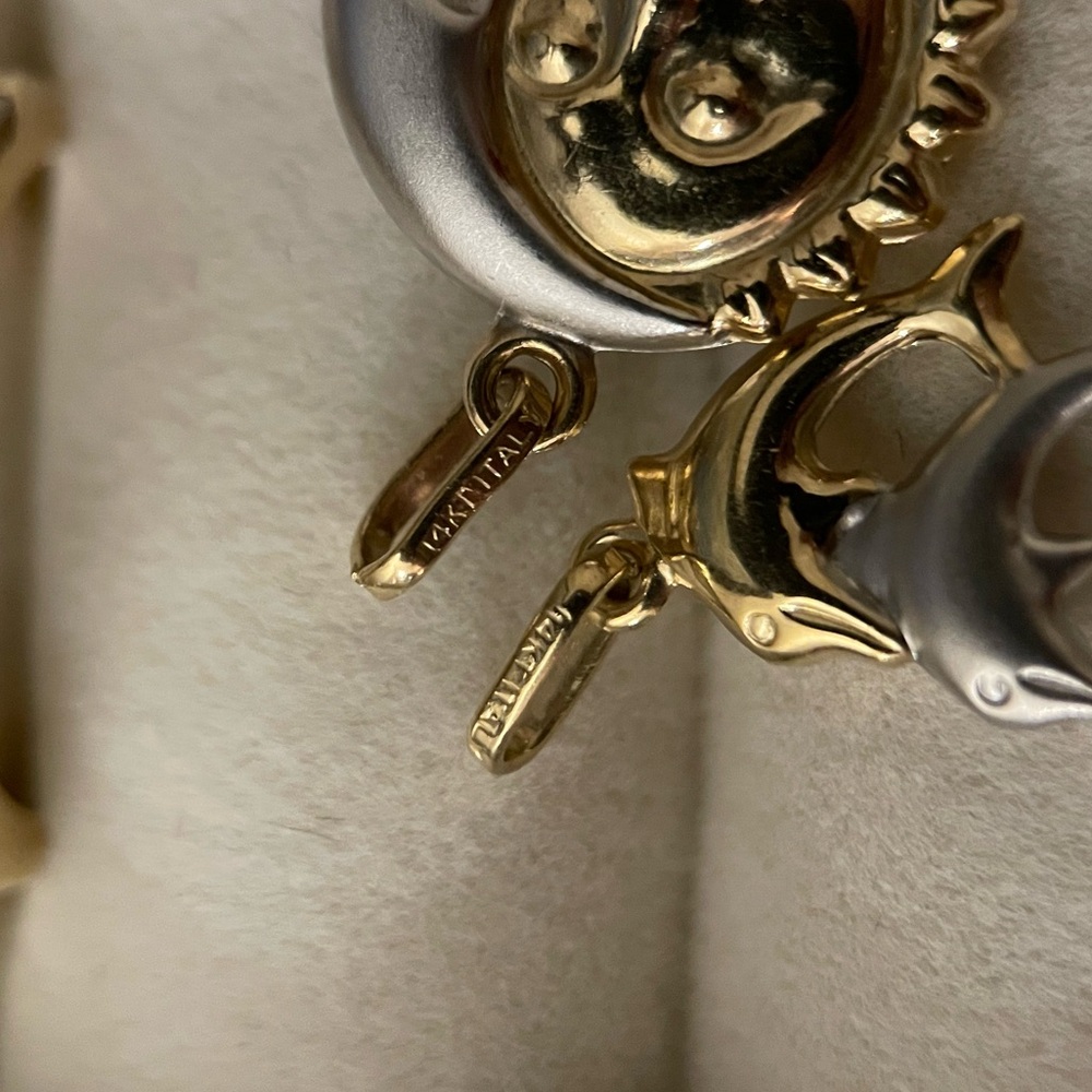 14k solid gold two tone reversible puffy dolphins pendants 3d brushed polished - Picture 10 of 10